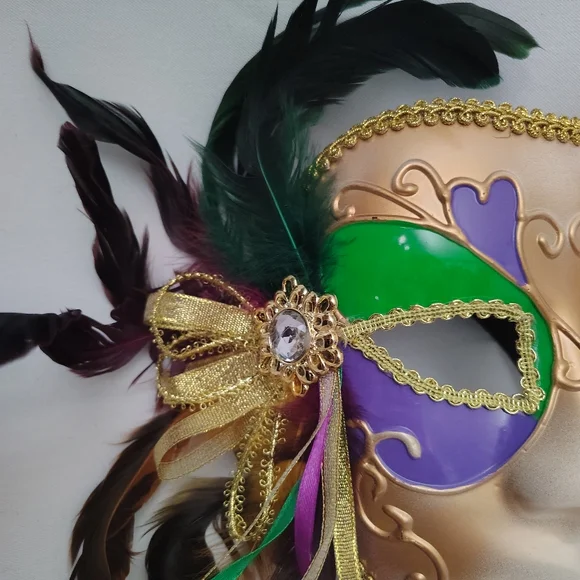 Gold and Purple Masquerade Mask with Feathers - Picture 3 of 7